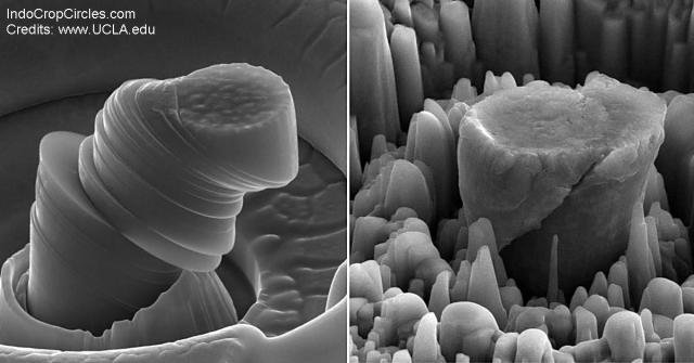 At left, a deformed sample of pure metal; at right, the strong new metal made of magnesium with silicon carbide nanoparticles. Each central micropillar is about 4 micrometers across. (Credits: UCLA.edu)